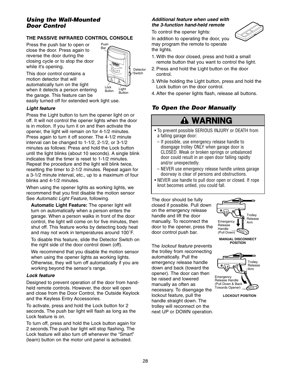 Using the wall-mounted door control, To open the door manually, Warning caution warning warning | Chamberlain 2575 User Manual | Page 28 / 36
