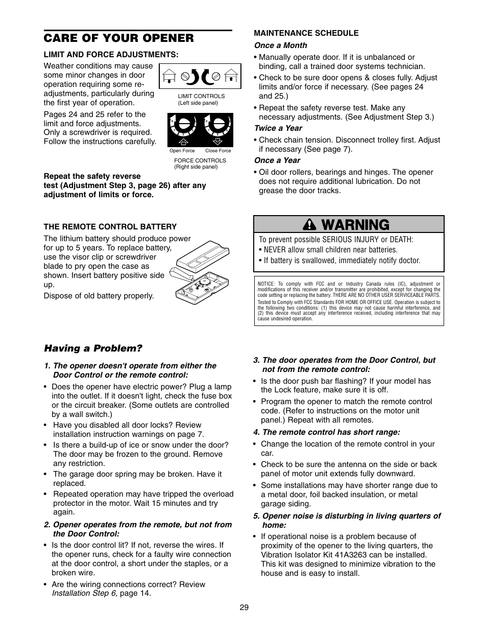 Care of your opener, Having a problem, Warning caution warning warning | Chamberlain 2575 User Manual | Page 29 / 36