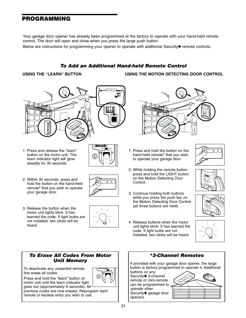 Programming, To add an additional hand-held remote control, Channel remotes | Chamberlain 2575 User Manual | Page 31 / 36