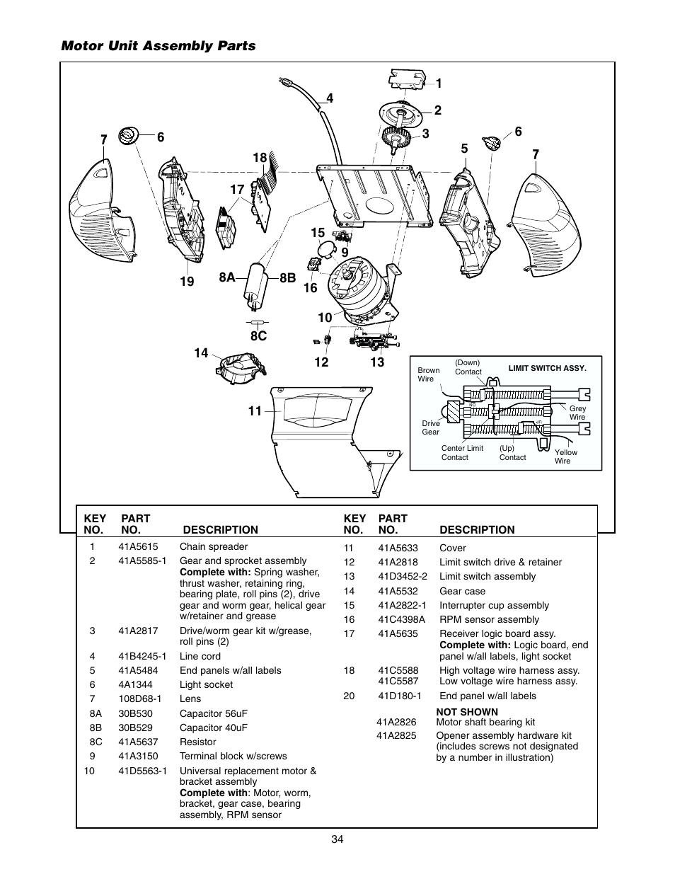 Motor unit, Motor unit assembly parts | Chamberlain 2575 User Manual | Page 34 / 36