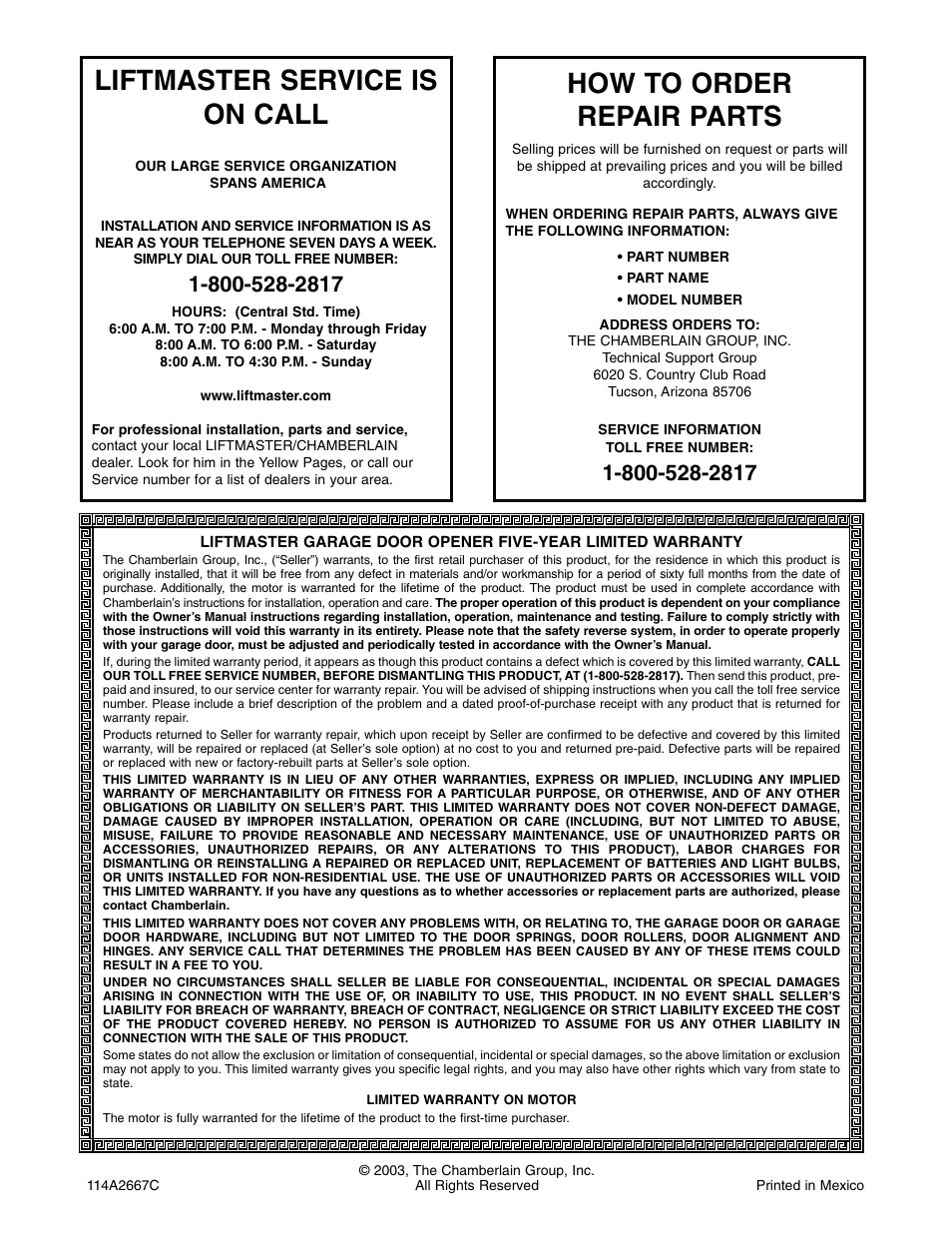 Warranty, Liftmaster service is on call, How to order repair parts | Chamberlain 2575 User Manual | Page 36 / 36