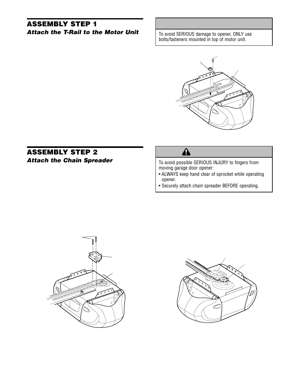 Assembly, Attach the t-rail to the motor unit, Warning caution warning warning | Assembly step 1, Assembly step 2 | Chamberlain 2575 User Manual | Page 6 / 36