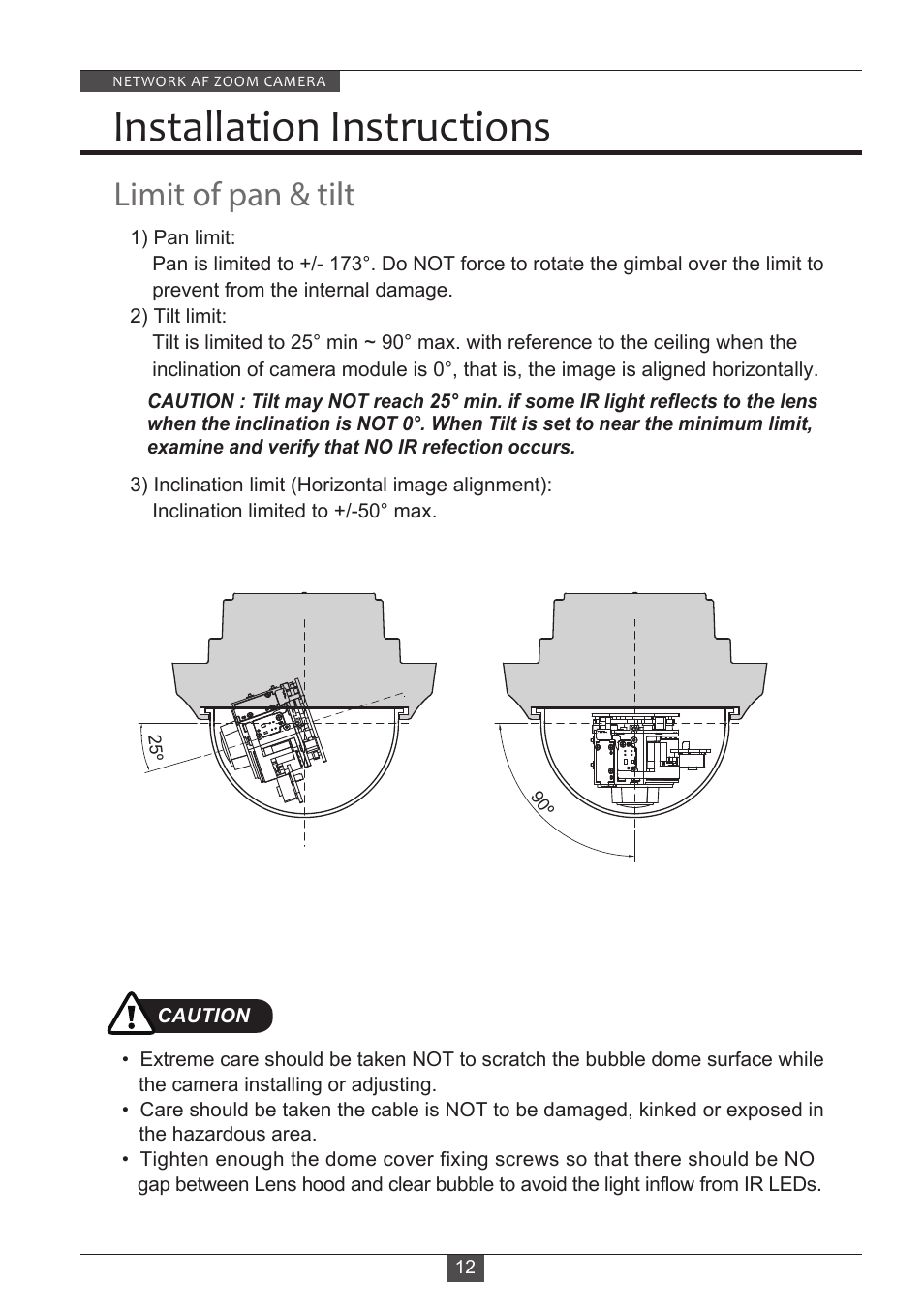 Installation instructions, Limit of pan & tilt | Eneo PXD-2080Z03 D User Manual | Page 12 / 36