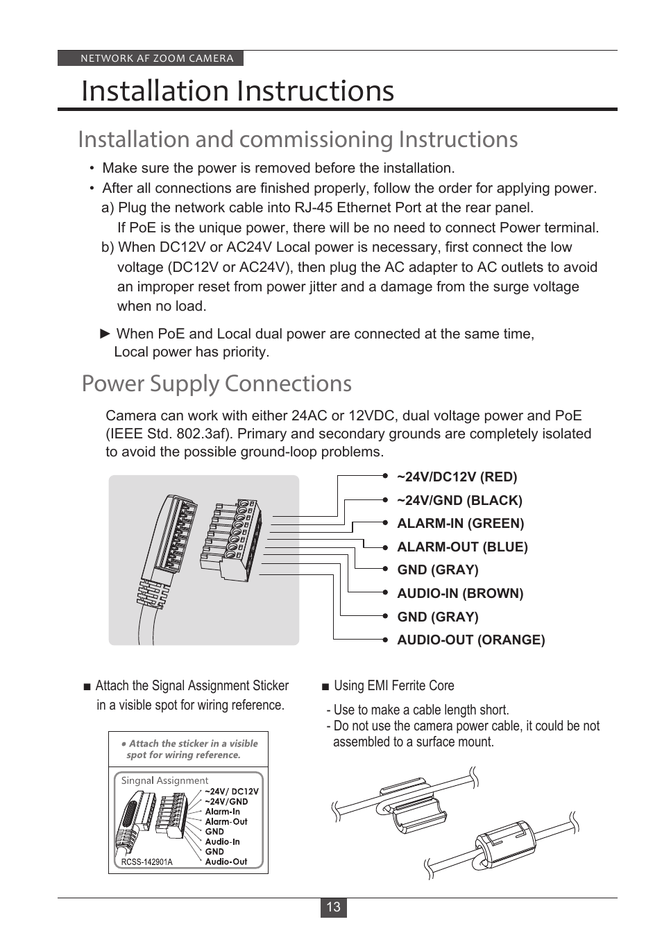 Installation instructions, Power supply connections, Installation and commissioning instructions | Eneo PXD-2080Z03 D User Manual | Page 13 / 36