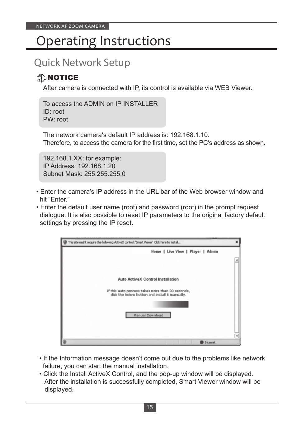 Operating instructions, Quick network setup | Eneo PXD-2080Z03 D User Manual | Page 15 / 36