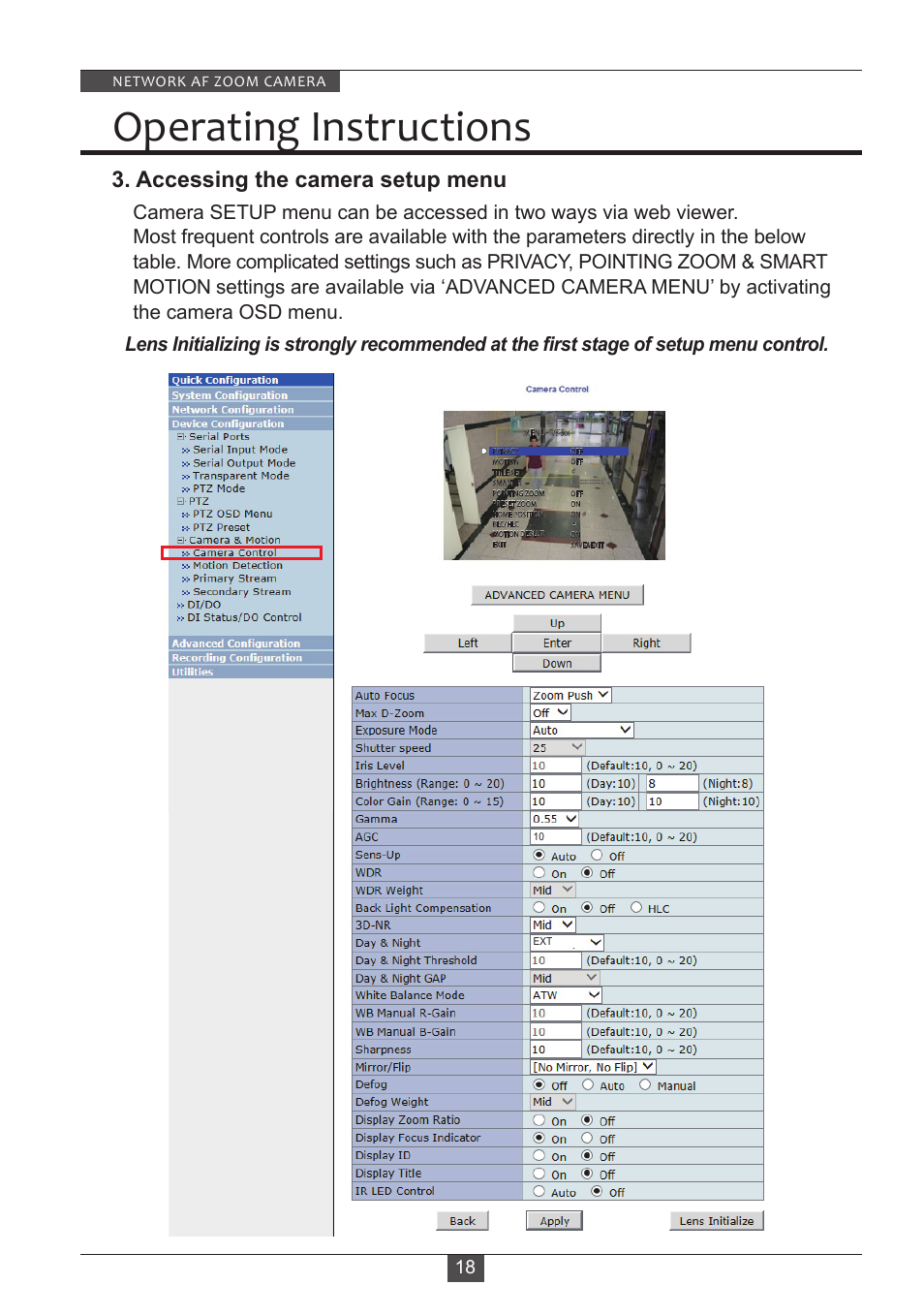 Operating instructions, Accessing the camera setup menu | Eneo PXD-2080Z03 D User Manual | Page 18 / 36