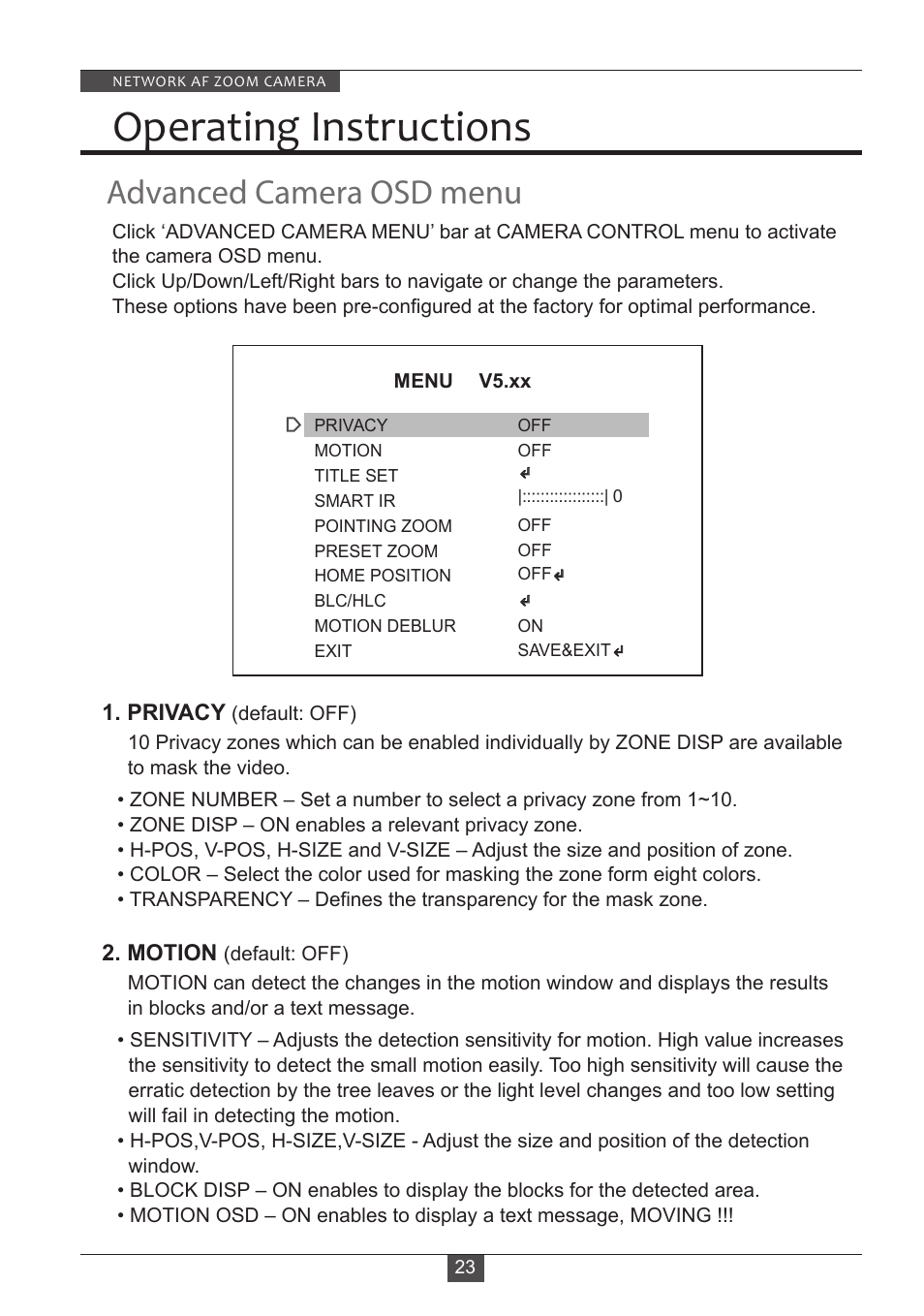 Operating instructions, Advanced camera osd menu | Eneo PXD-2080Z03 D User Manual | Page 23 / 36