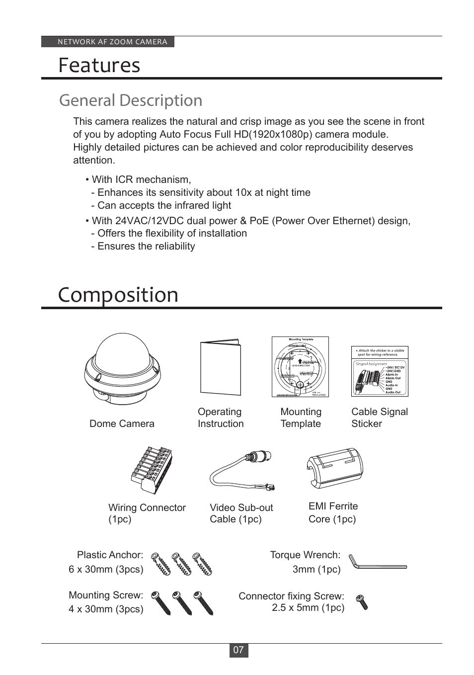 Features, Composition, General description | Eneo PXD-2080Z03 D User Manual | Page 7 / 36