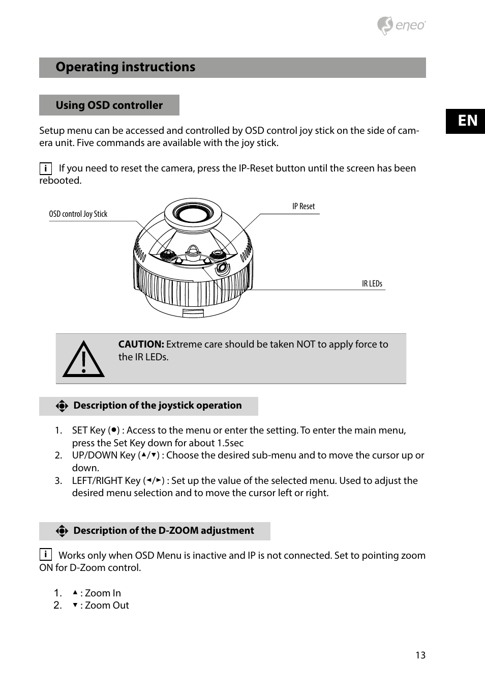 Operating instructions | Eneo PXD-1080MIR D User Manual | Page 13 / 44