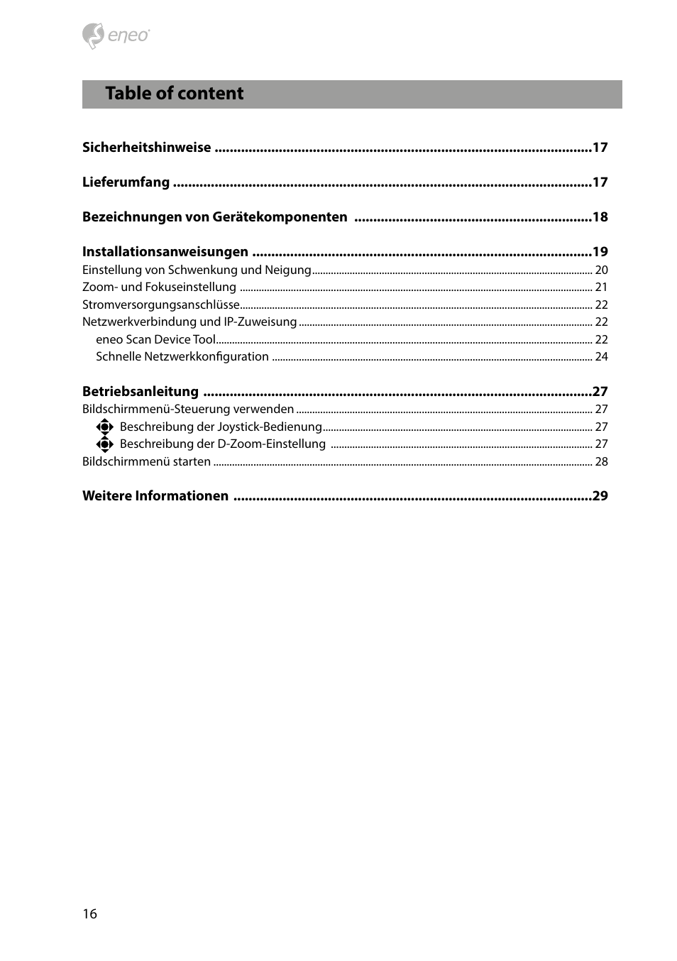 Table of content | Eneo PXD-1080MIR D User Manual | Page 16 / 44