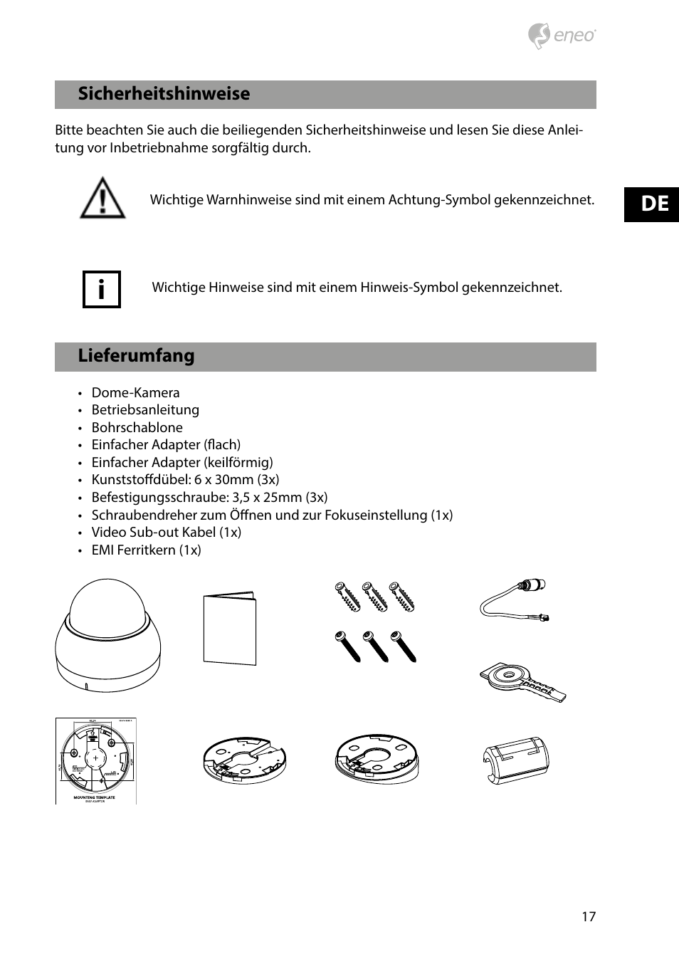 Lieferumfang, Sicherheitshinweise | Eneo PXD-1080MIR D User Manual | Page 17 / 44