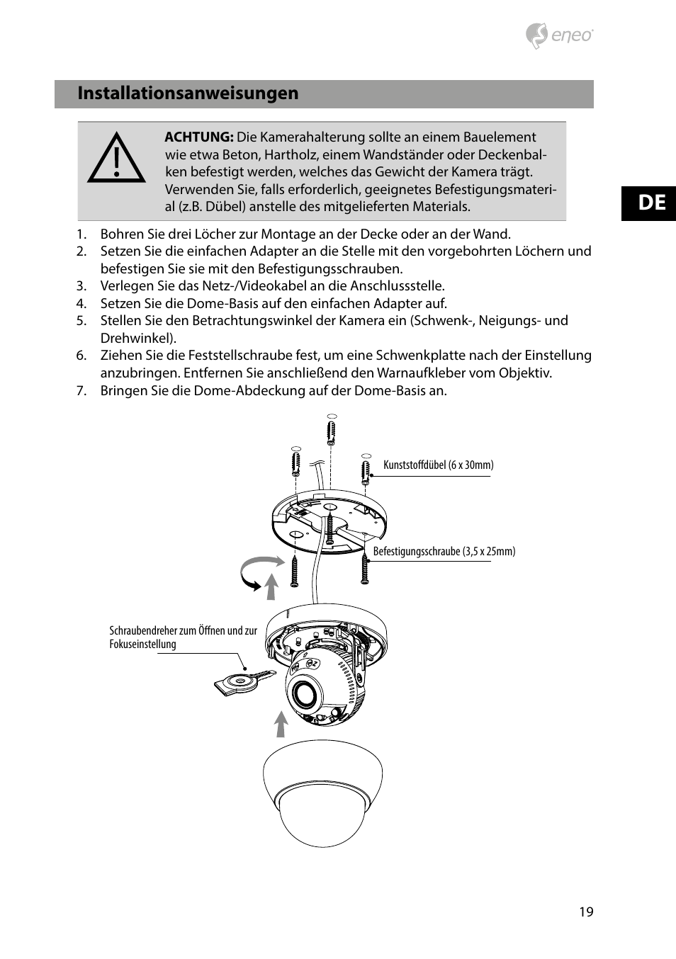 Bezeichnungen von gerätekomponenten, Installationsanweisungen | Eneo PXD-1080MIR D User Manual | Page 19 / 44