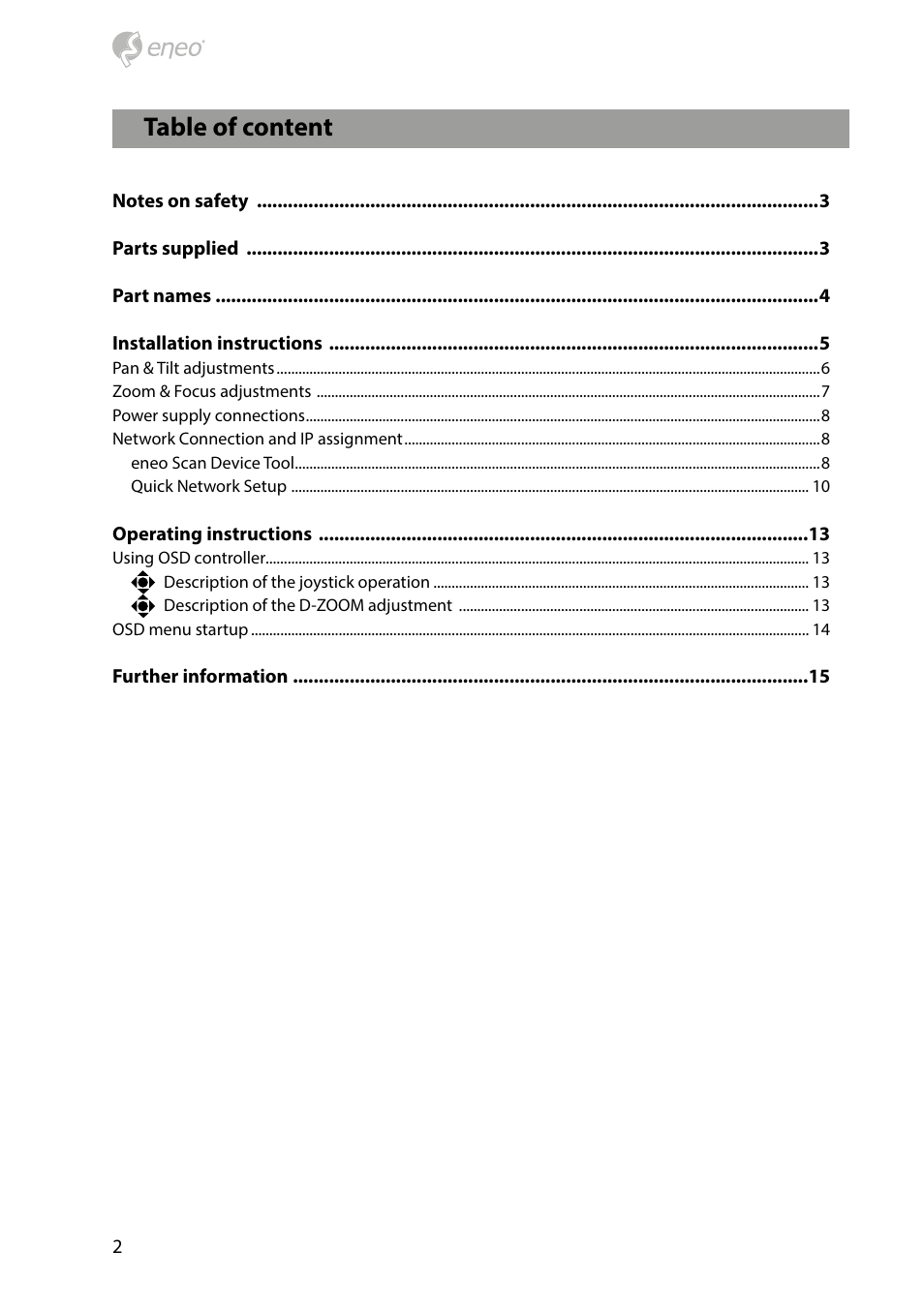 Table of content | Eneo PXD-1080MIR D User Manual | Page 2 / 44