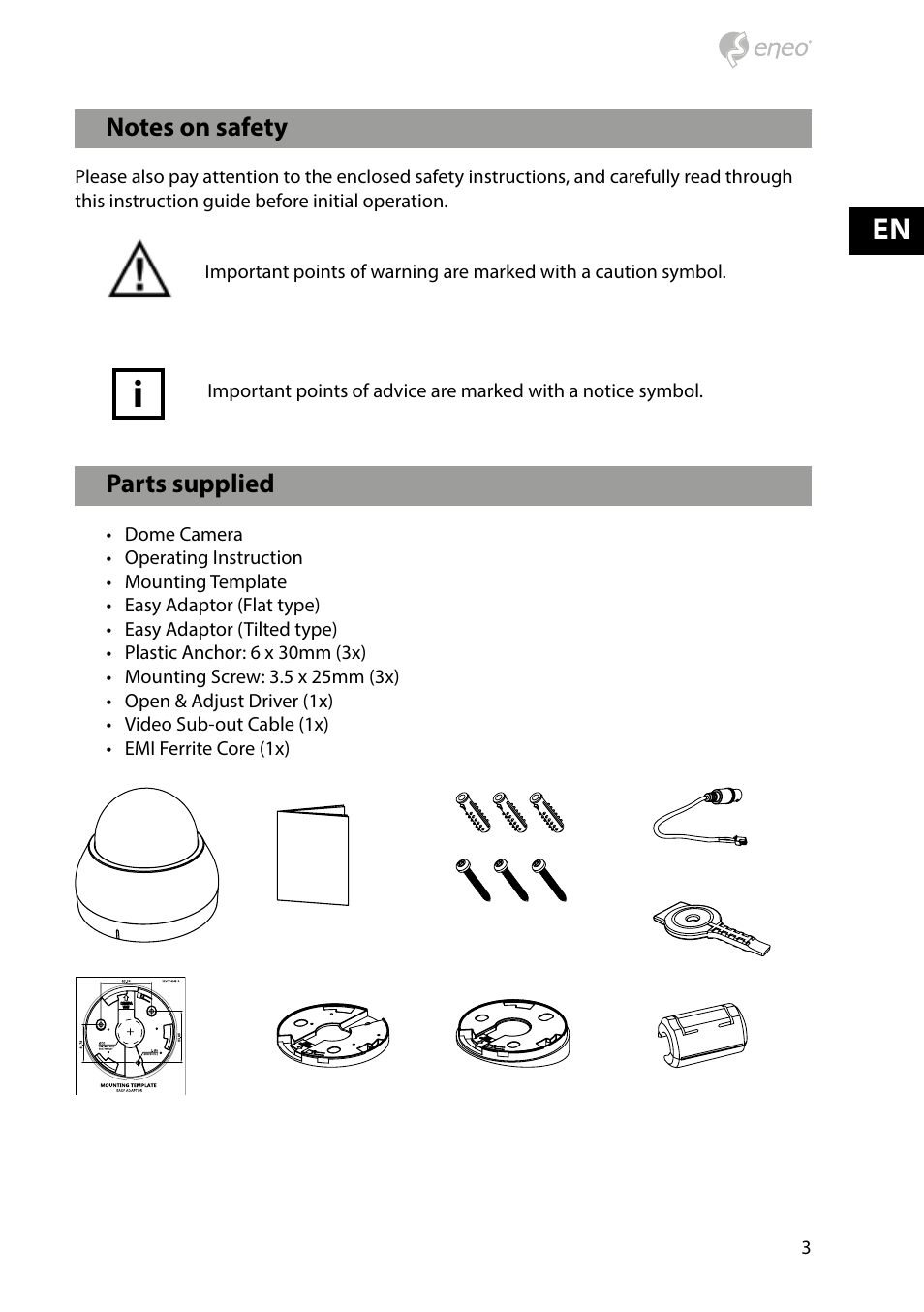 Parts supplied | Eneo PXD-1080MIR D User Manual | Page 3 / 44