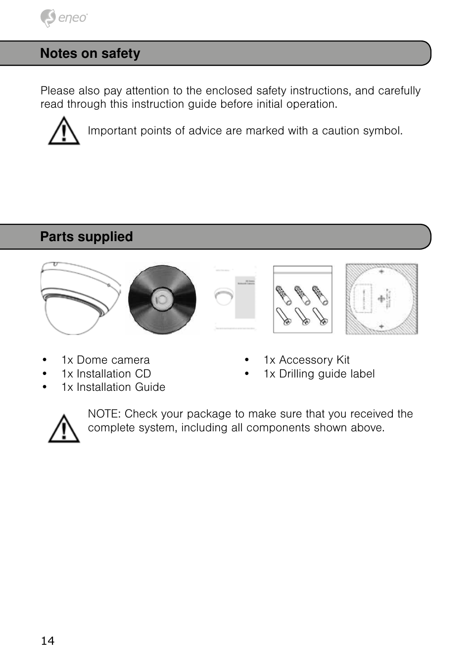 Parts supplied | Eneo NXD-980IR3516P User Manual | Page 14 / 60