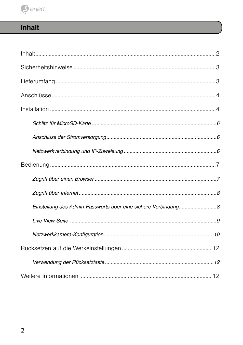 Inhalt | Eneo NXD-980IR3516P User Manual | Page 2 / 60