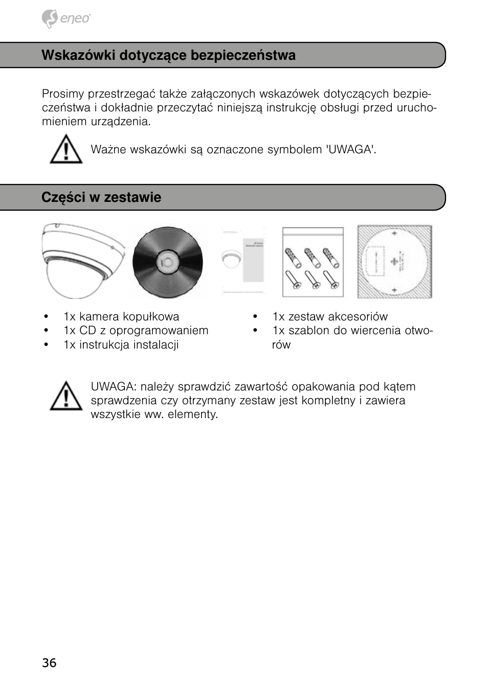 Wskazówki dotyczące bezpieczeństwa, Części w zestawie | Eneo NXD-980IR3516P User Manual | Page 36 / 60