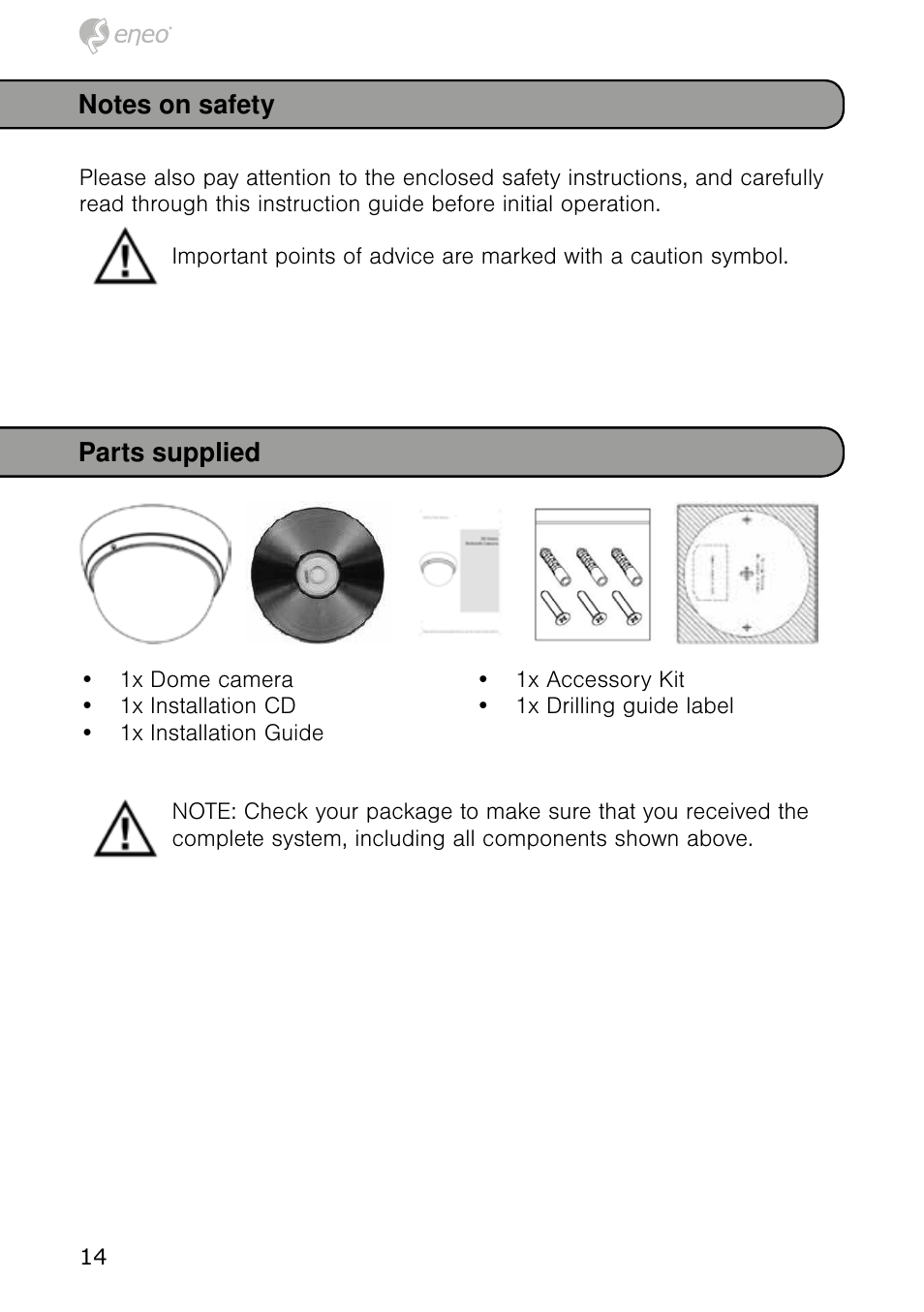 Parts supplied | Eneo NXD-980IR3516M User Manual | Page 14 / 60