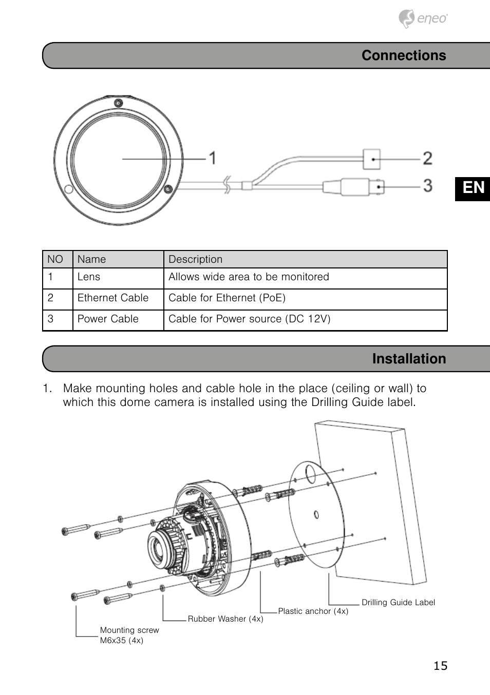 De en fr pl ru, Connections installation | Eneo NXD-980IR3516M User Manual | Page 15 / 60