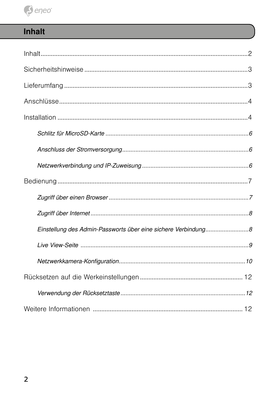 Inhalt | Eneo NXD-980IR3516M User Manual | Page 2 / 60