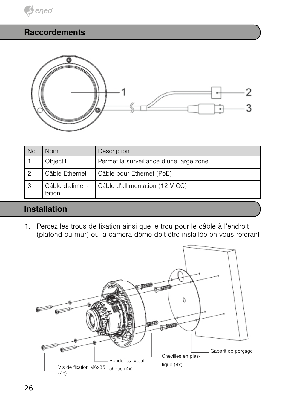 Raccordements installation | Eneo NXD-980IR3516M User Manual | Page 26 / 60