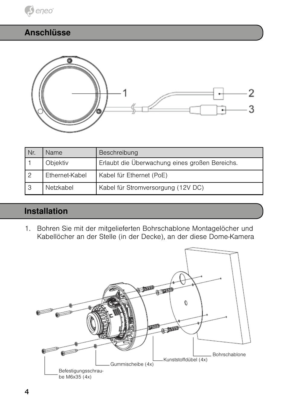 Anschlüsse installation | Eneo NXD-980IR3516M User Manual | Page 4 / 60