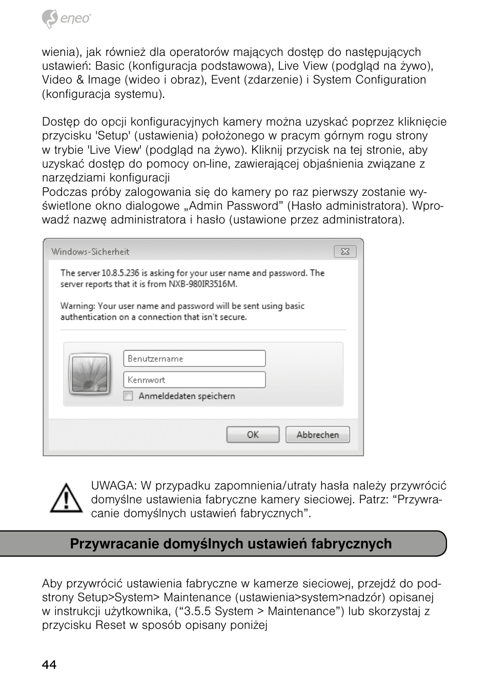 Przywracanie domyślnych ustawień fabrycznych | Eneo NXD-980IR3516M User Manual | Page 44 / 60