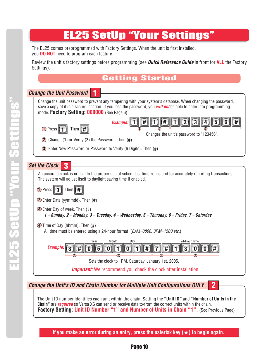 El25 setup “your settings, Getting started | Chamberlain EL25 User Manual | Page 11 / 26