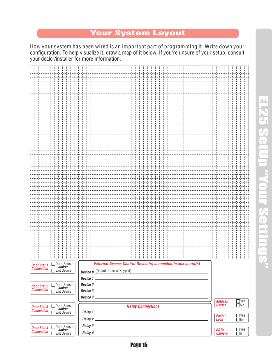 Your system layout, El25 setup “y our settings | Chamberlain EL25 User Manual | Page 16 / 26