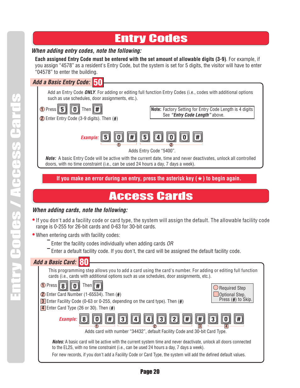Entry codes, Access cards, Entry codes access cards | Chamberlain EL25 User Manual | Page 21 / 26