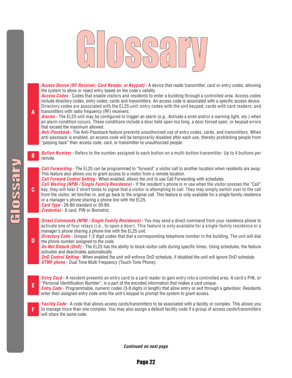 Glossary, Appendix | Chamberlain EL25 User Manual | Page 23 / 26