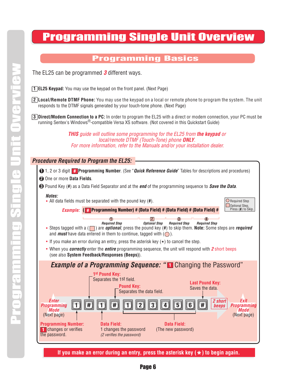 Programming single unit overview, Programming basics, Programming single unit over view | Example of a programming sequence, Changing the password | Chamberlain EL25 User Manual | Page 7 / 26