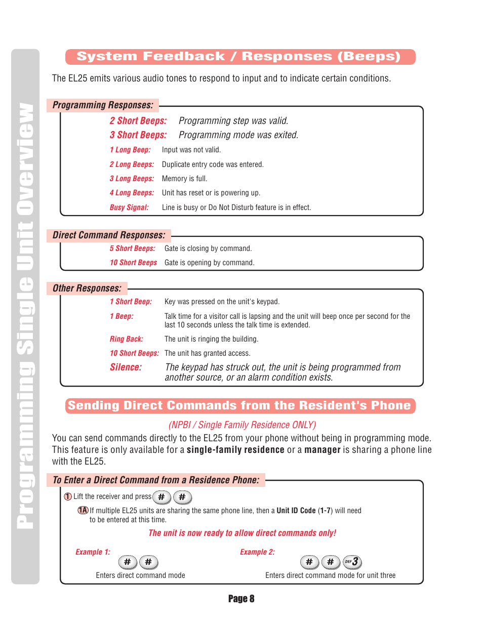 System feedback / responses (beeps), Sending direct commands from the resident's phone | Chamberlain EL25 User Manual | Page 9 / 26