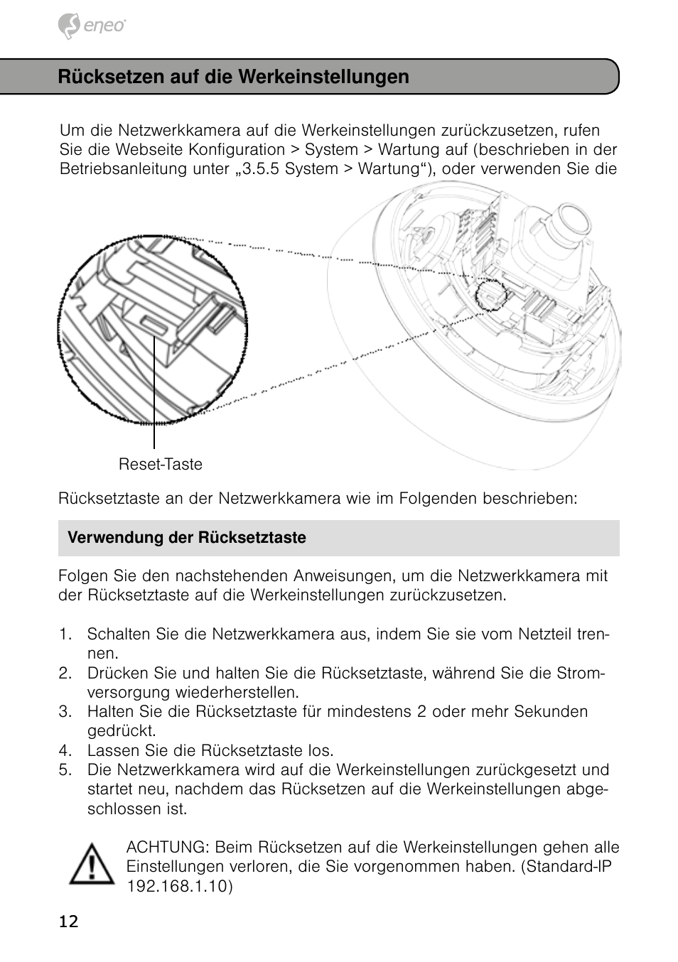 Rücksetzen auf die werkeinstellungen | Eneo NXD-980IR37P User Manual | Page 12 / 60
