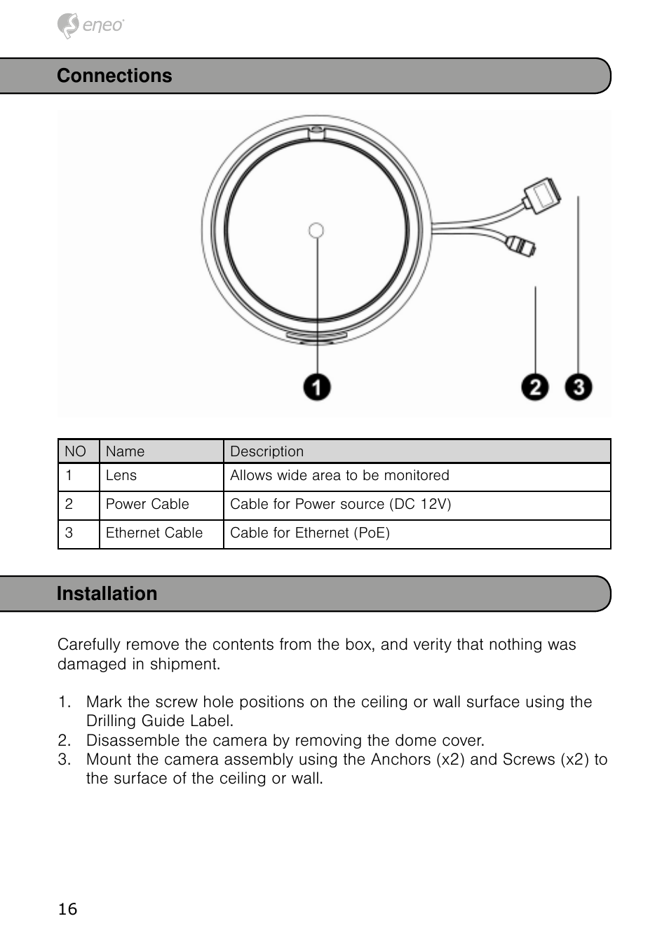 Connections installation | Eneo NXD-980IR37P User Manual | Page 16 / 60