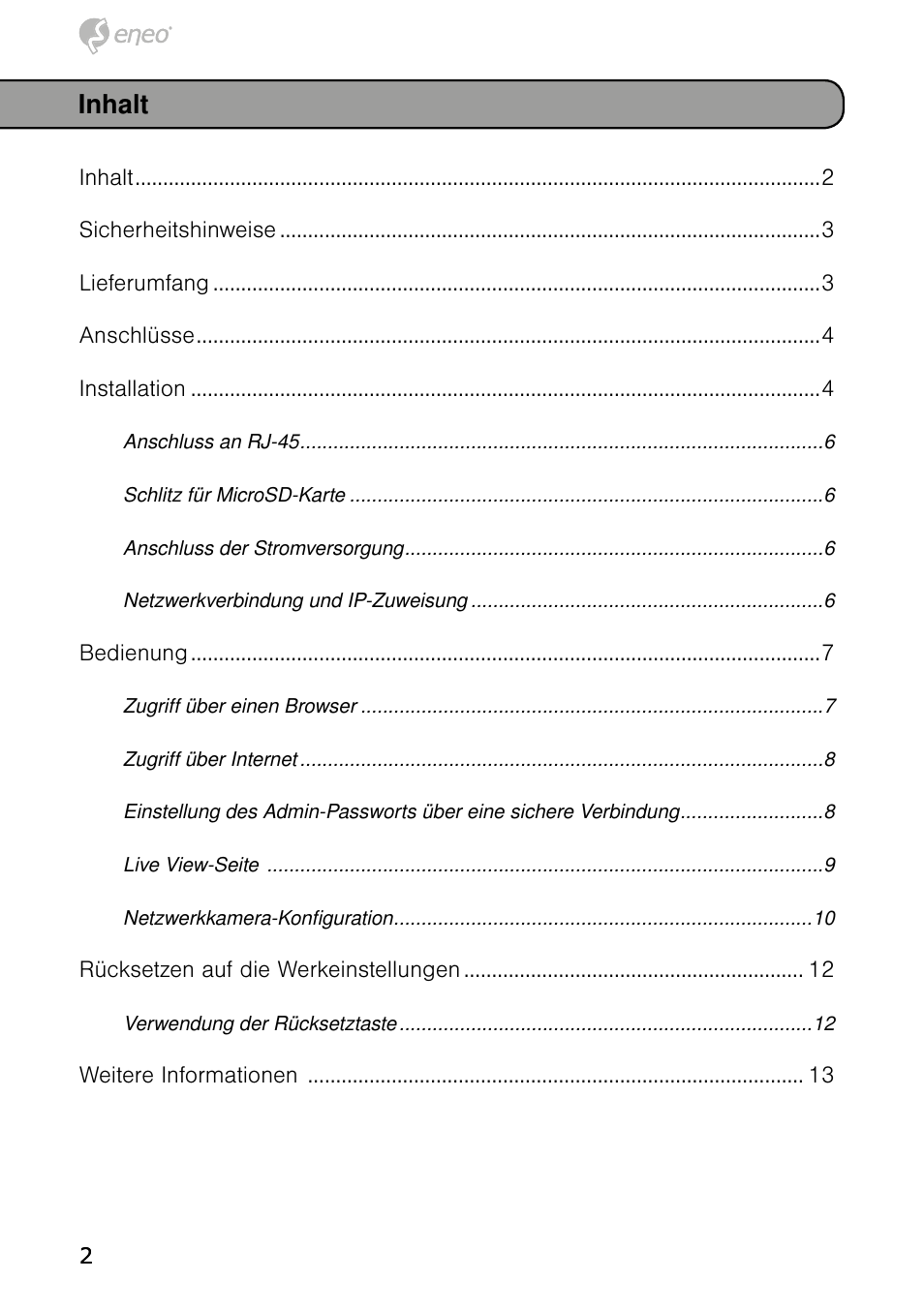Inhalt | Eneo NXD-980IR37P User Manual | Page 2 / 60