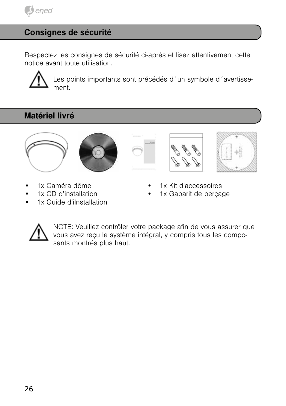 Consignes de sécurité, Matériel livré | Eneo NXD-980IR37P User Manual | Page 26 / 60