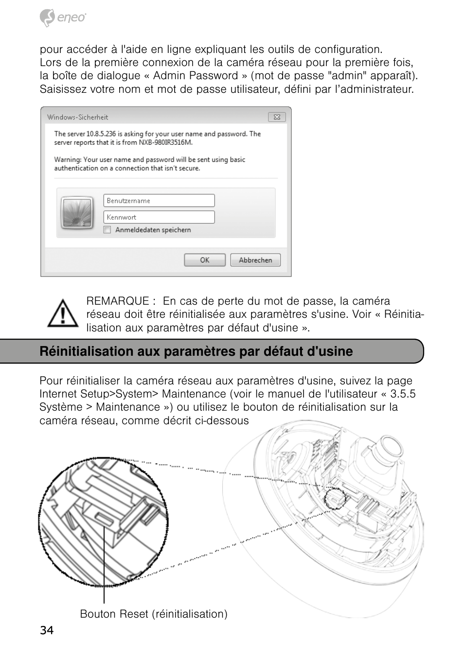 Réinitialisation aux paramètres par défaut d'usine | Eneo NXD-980IR37P User Manual | Page 34 / 60