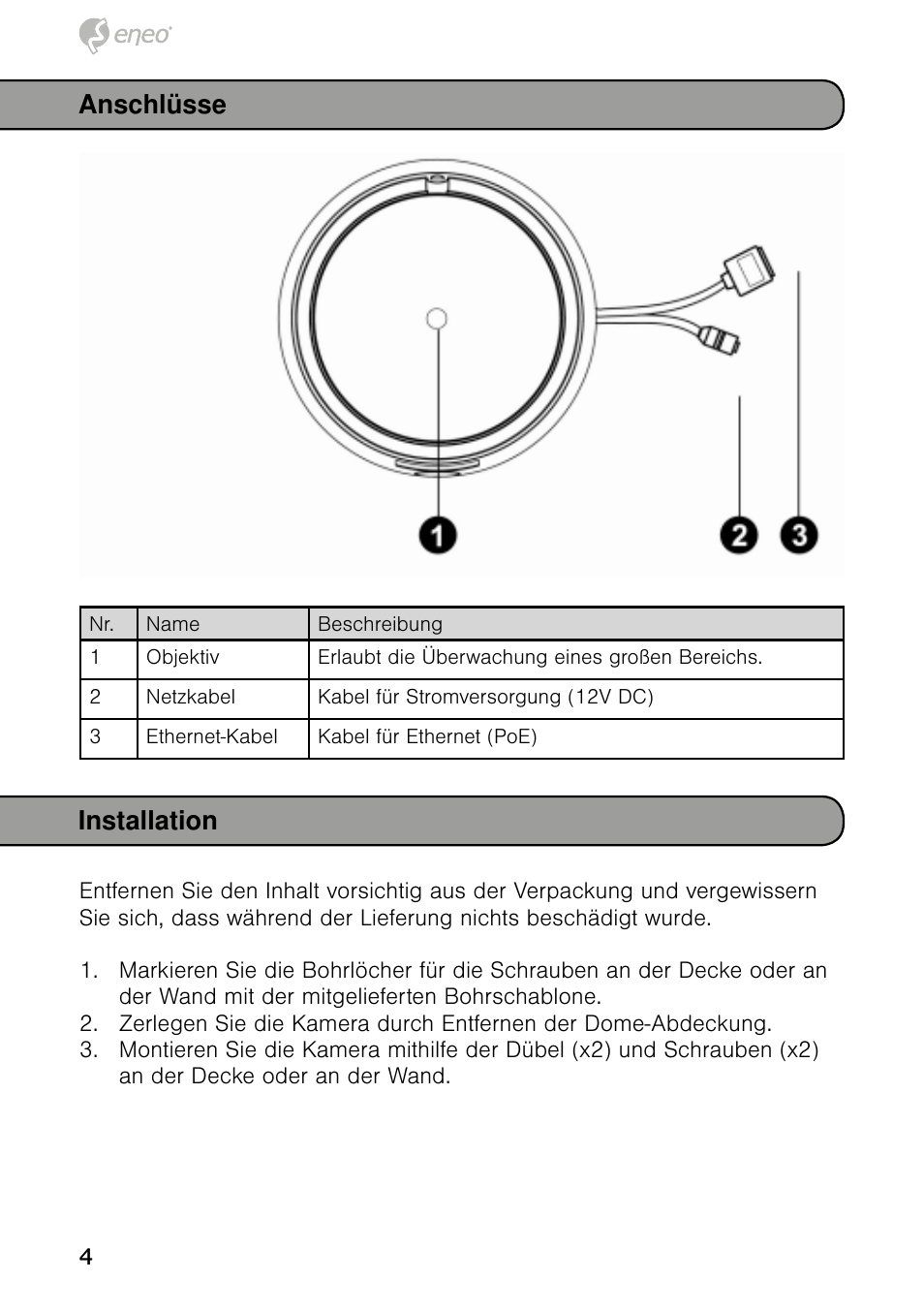 Anschlüsse installation | Eneo NXD-980IR37P User Manual | Page 4 / 60