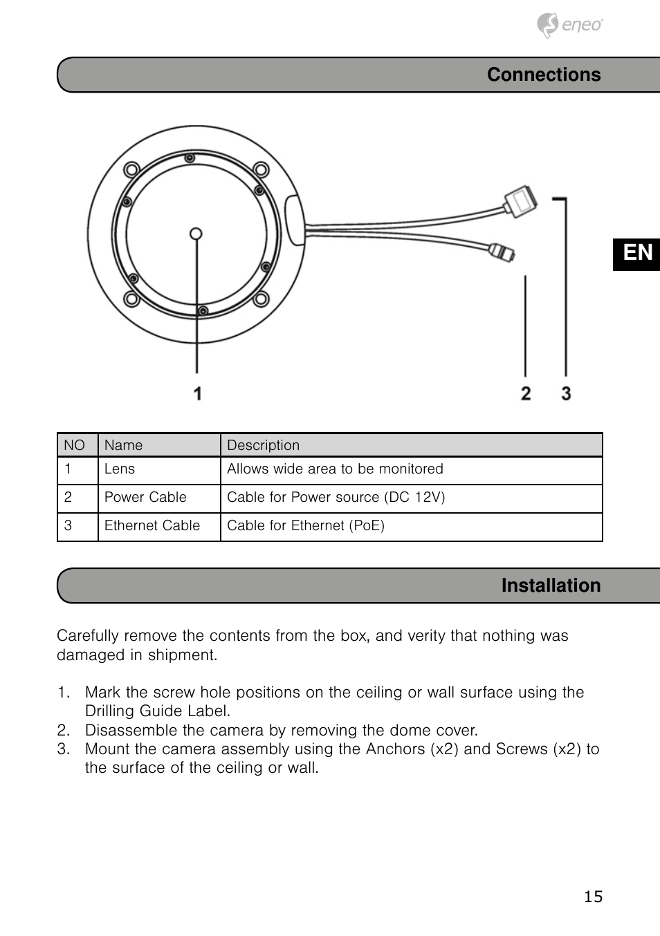 De en fr pl ru, Connections installation | Eneo NXD-980IR37M User Manual | Page 15 / 56