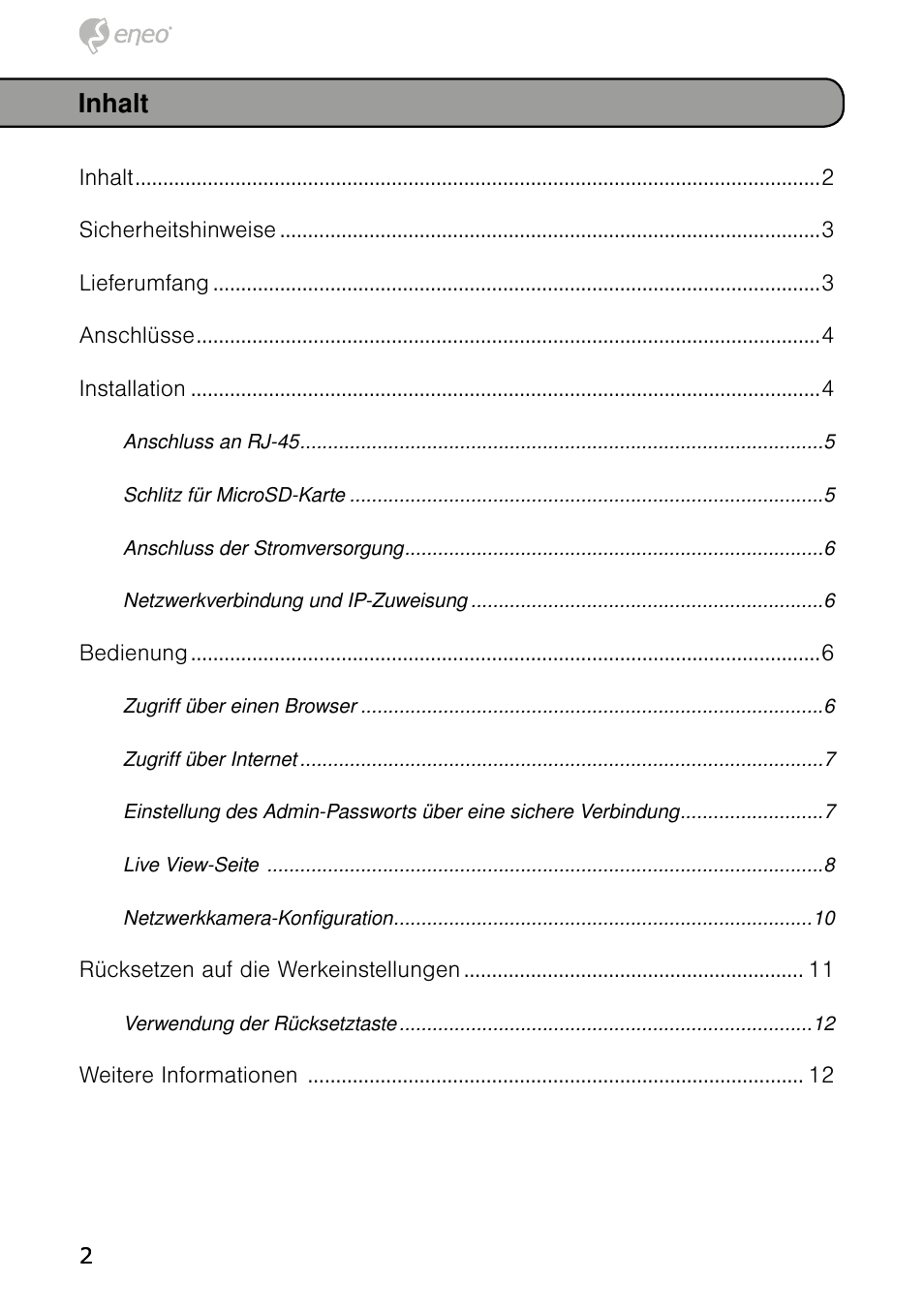 Inhalt | Eneo NXD-980IR37M User Manual | Page 2 / 56