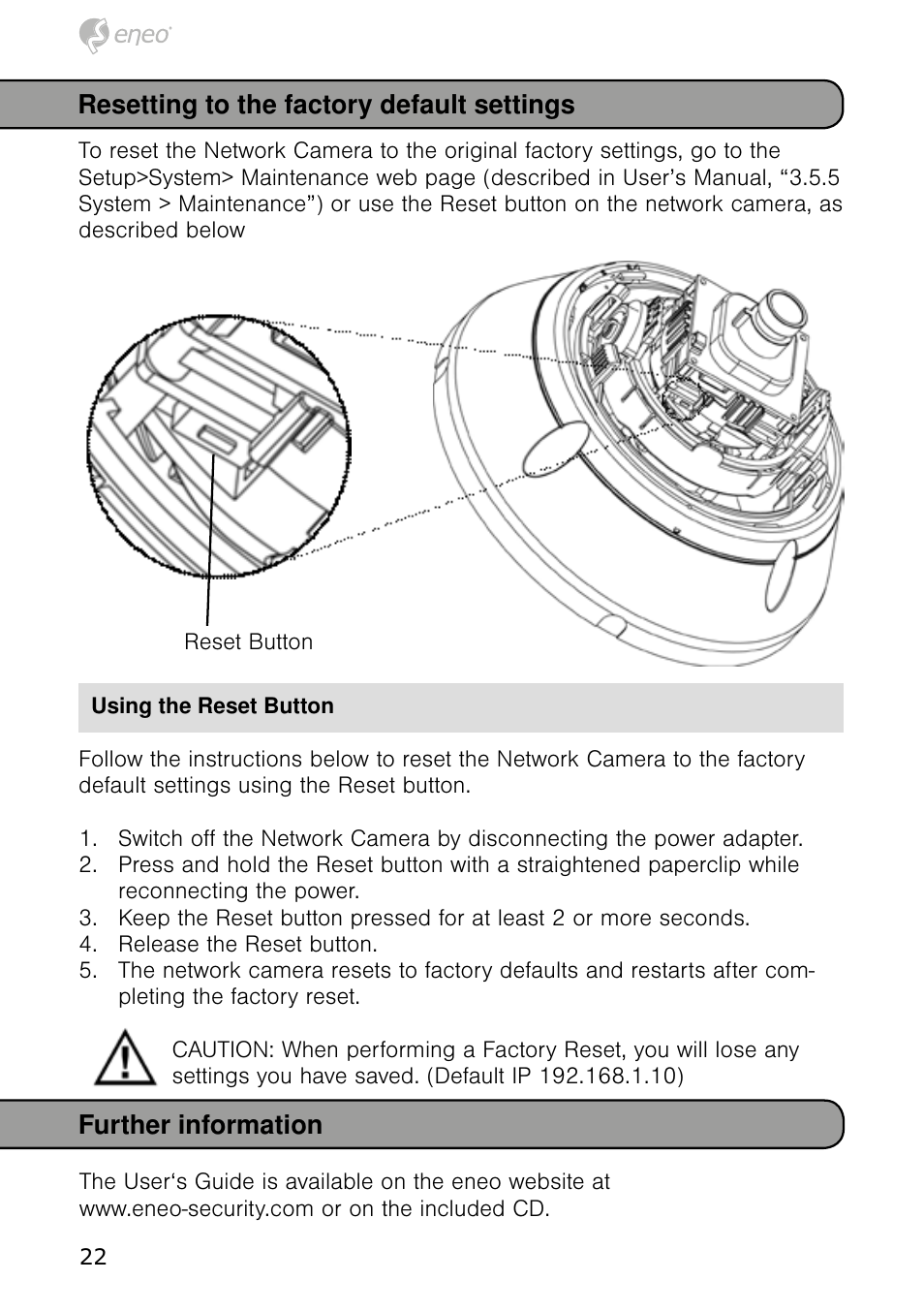 Further information, Resetting to the factory default settings | Eneo NXD-980IR37M User Manual | Page 22 / 56