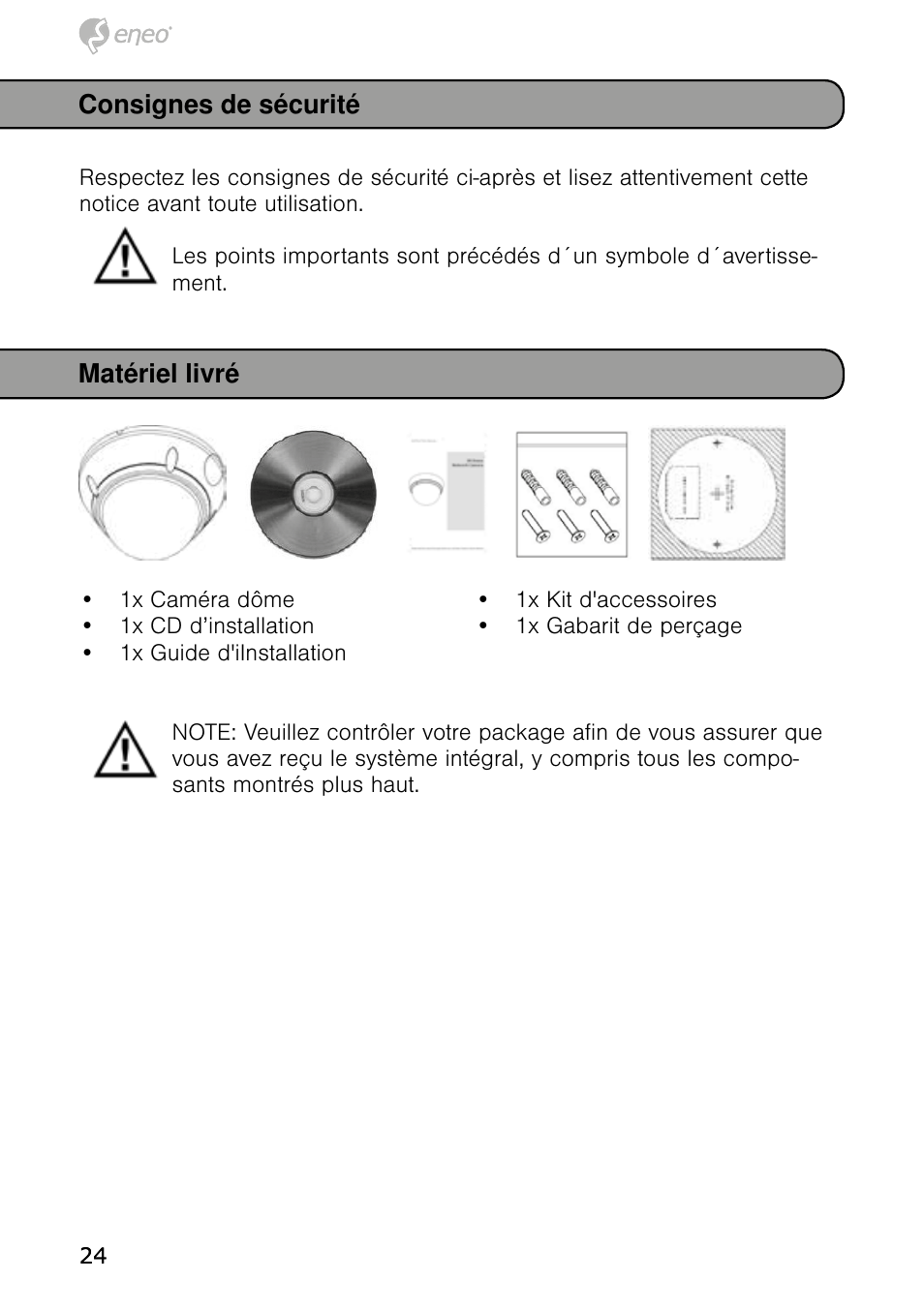 Consignes de sécurité, Matériel livré | Eneo NXD-980IR37M User Manual | Page 24 / 56