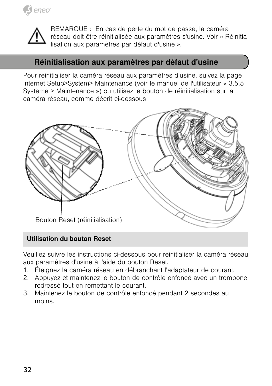 Réinitialisation aux paramètres par défaut d'usine | Eneo NXD-980IR37M User Manual | Page 32 / 56