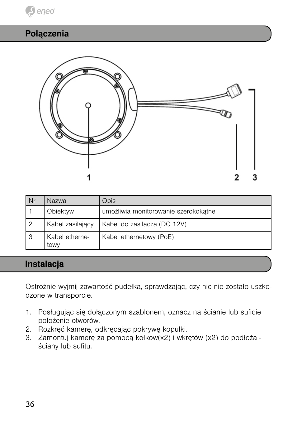 Połączenia instalacja | Eneo NXD-980IR37M User Manual | Page 36 / 56