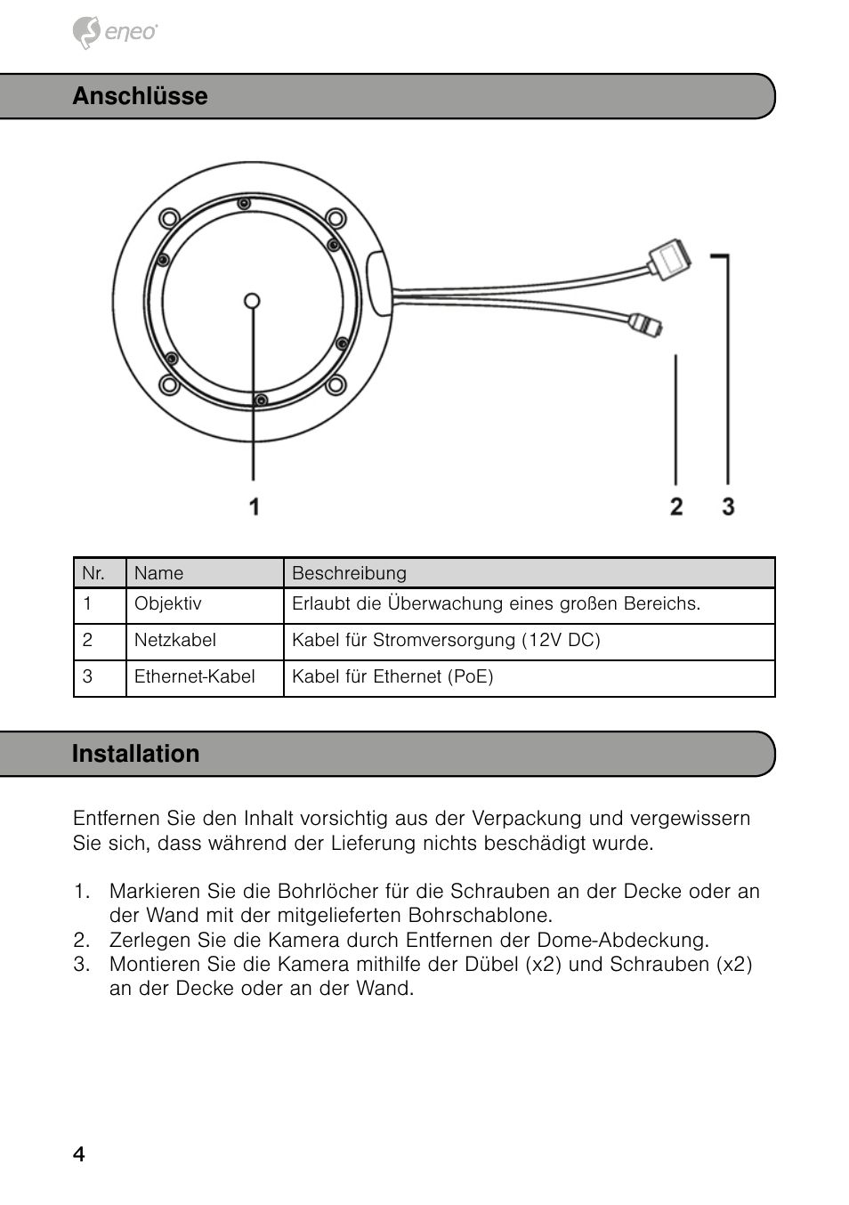 Anschlüsse installation | Eneo NXD-980IR37M User Manual | Page 4 / 56