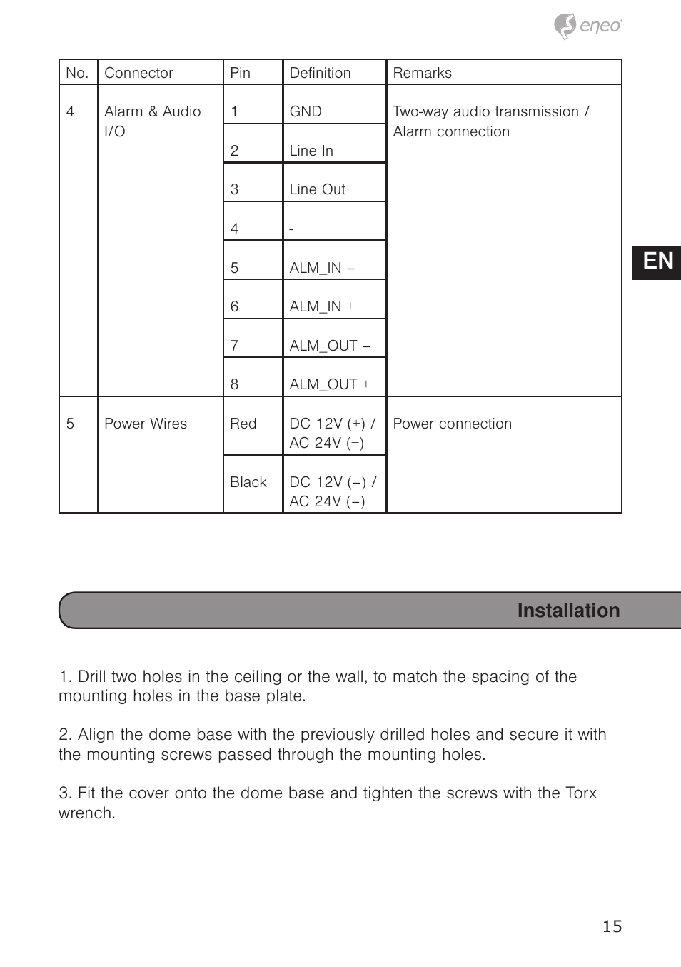 De en fr pl ru, Installation | Eneo PXD-5362F01IR User Manual | Page 15 / 48