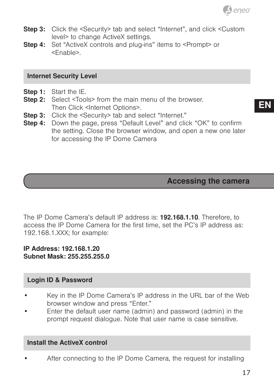 De en fr pl ru, Accessing the camera | Eneo PXD-5362F01IR User Manual | Page 17 / 48