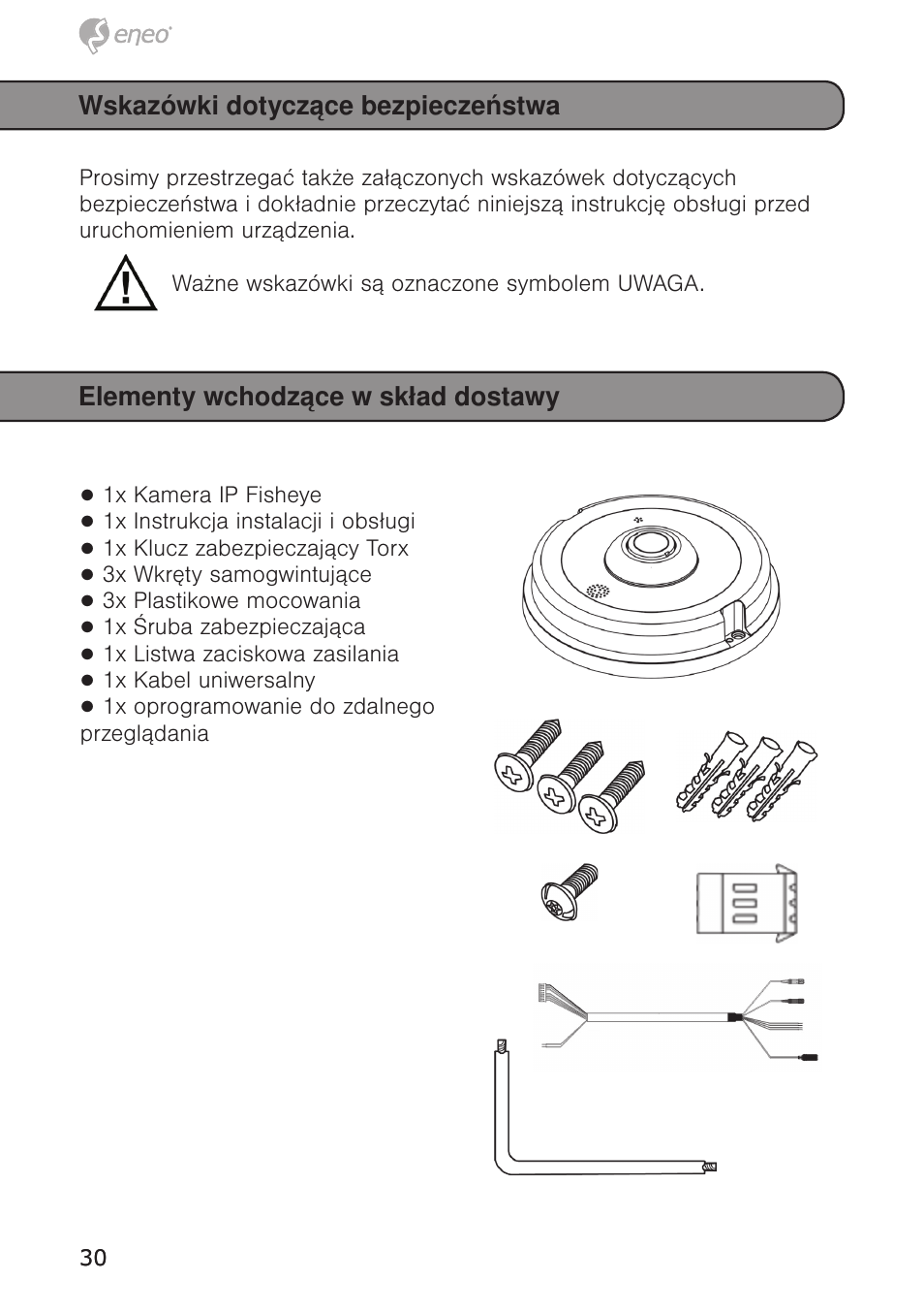 Wskazówki dotyczące bezpieczeństwa, Elementy wchodzące w skład dostawy | Eneo PXD-5362F01IR User Manual | Page 30 / 48