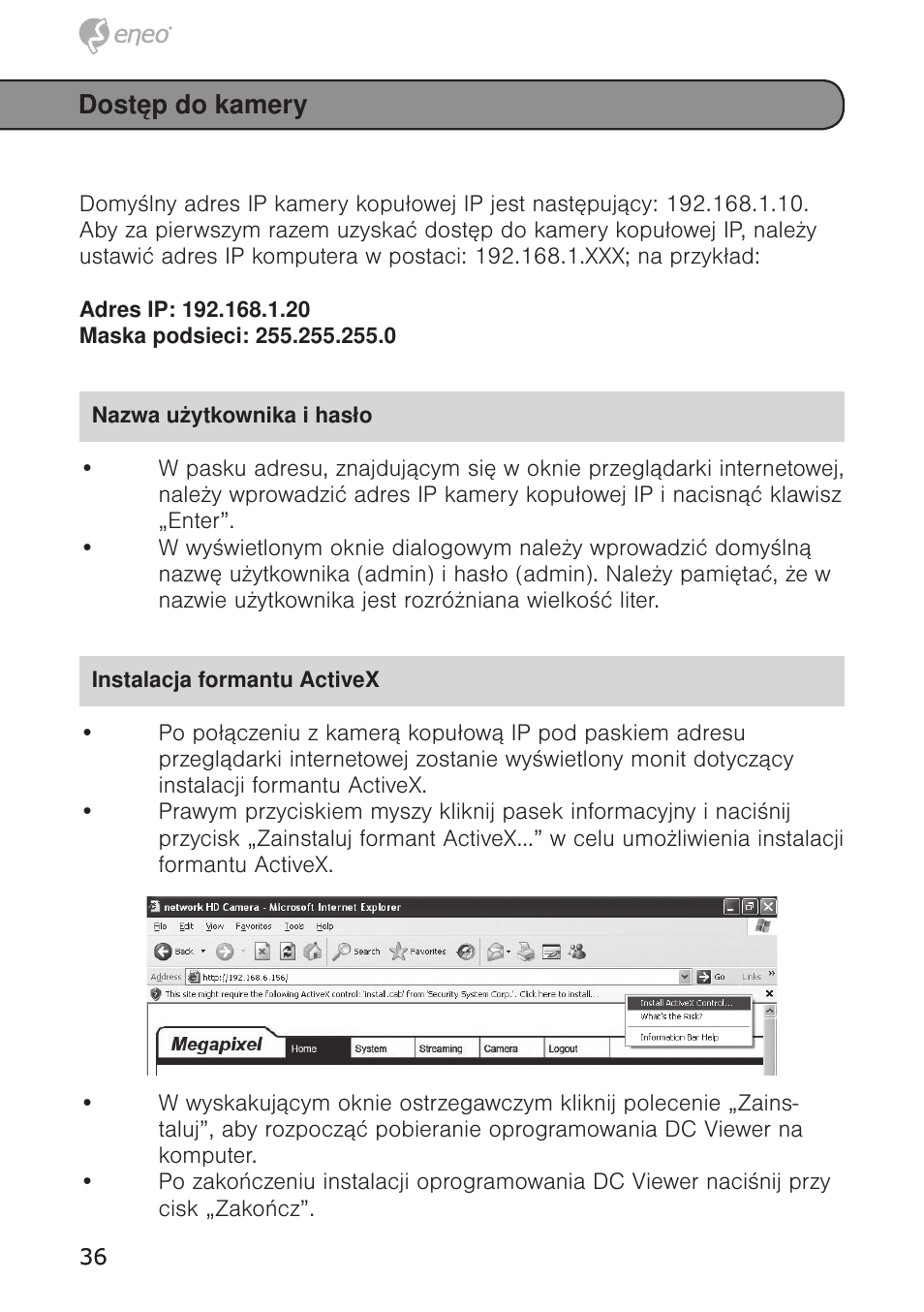 Dostęp do kamery | Eneo PXD-5362F01IR User Manual | Page 36 / 48